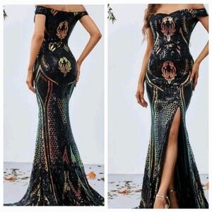 Black Plants Pattern Sequined Split Maxi Gown